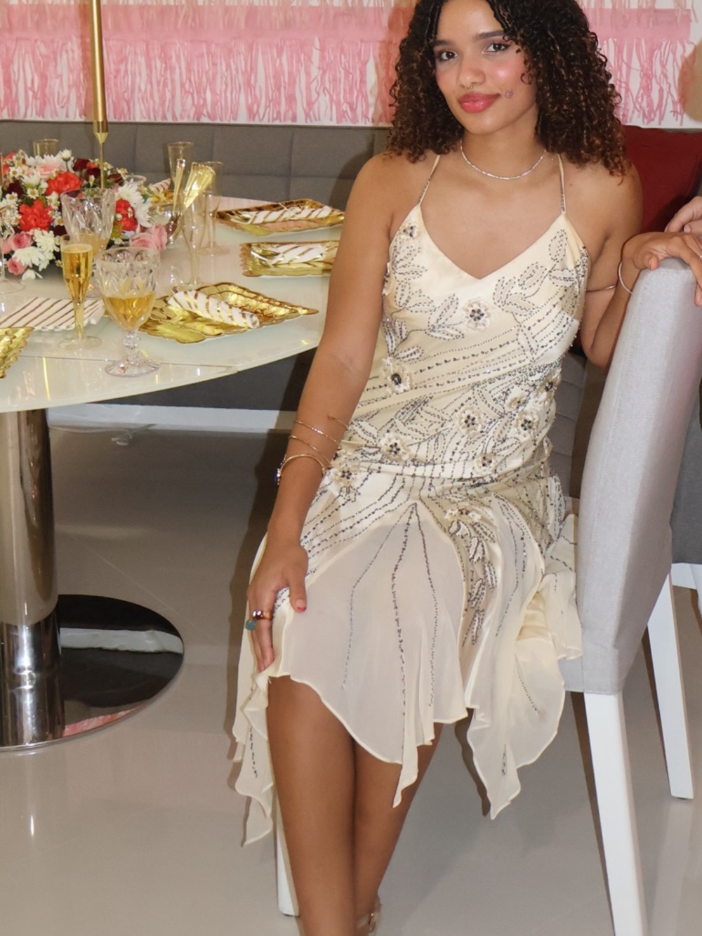 Sue Wong Ivory Beaded Asymmetrical Evening Dress - Picture 4 of 5